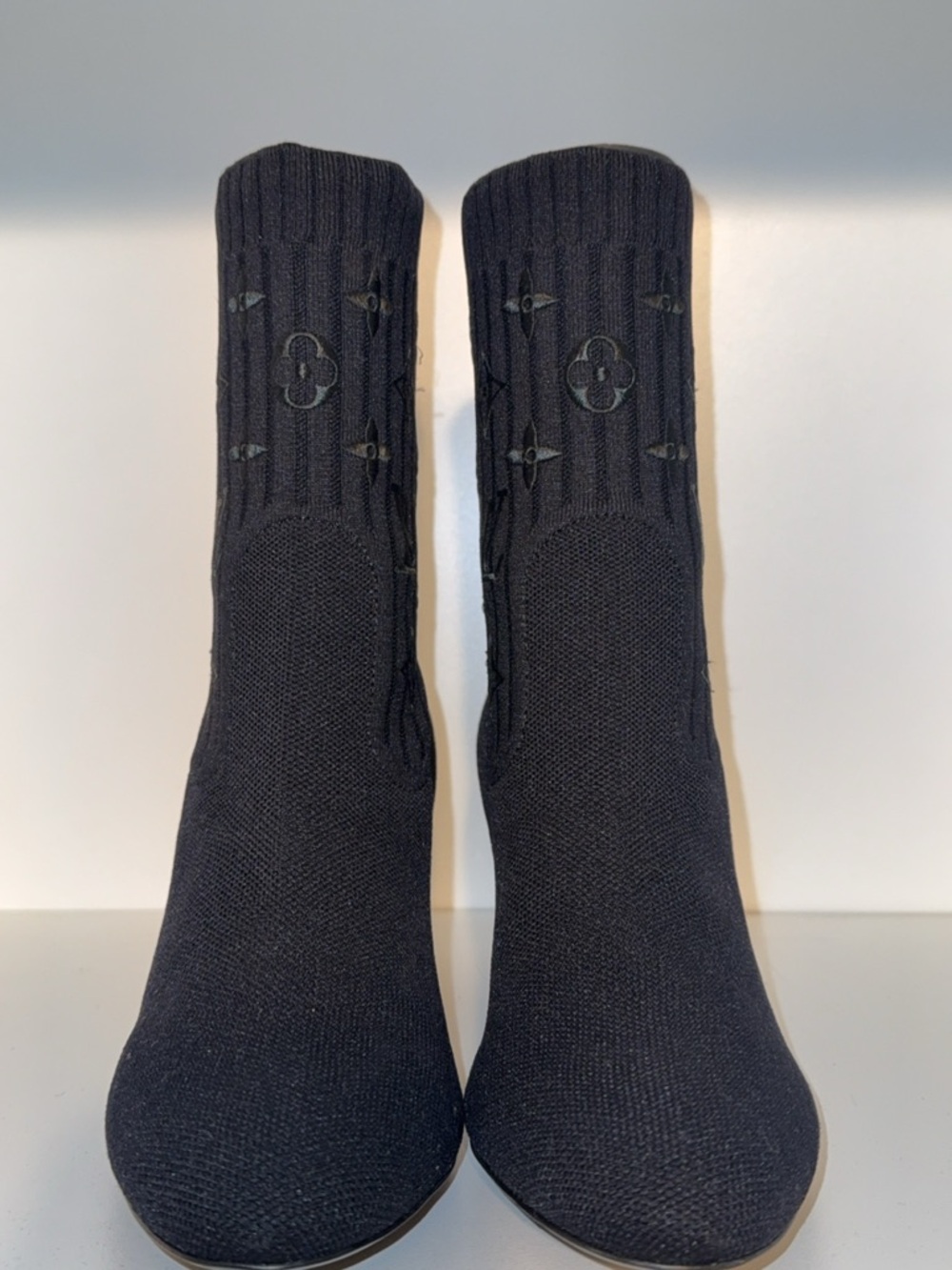 Louis Vuitton Black Knit Sock Ankle Boots with Monogram Heel Accent - Picture 4 of 7